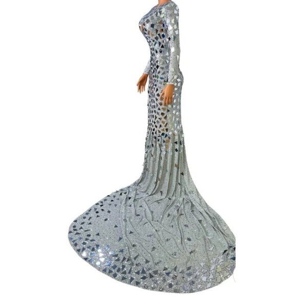 Angel Brinks Mirror Ball Gown Silver High Slit Small Cut Out Rhinestones Glam - Picture 2 of 3